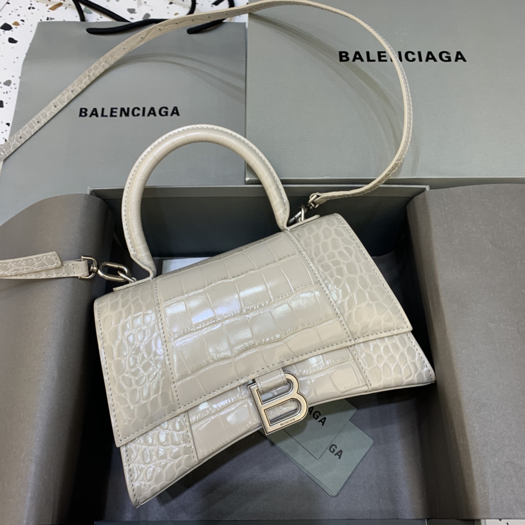 Balenciaga Hourglass Small Handbag Crocodile Embossed Shoulder Bag Light Gray